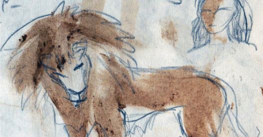 Ein Gemälde: ein braunes Tier mit wilder Mähne am Kopf. Im Hintergrund angedeutet Kopf und Oberkörper einer langhaarigen Person.