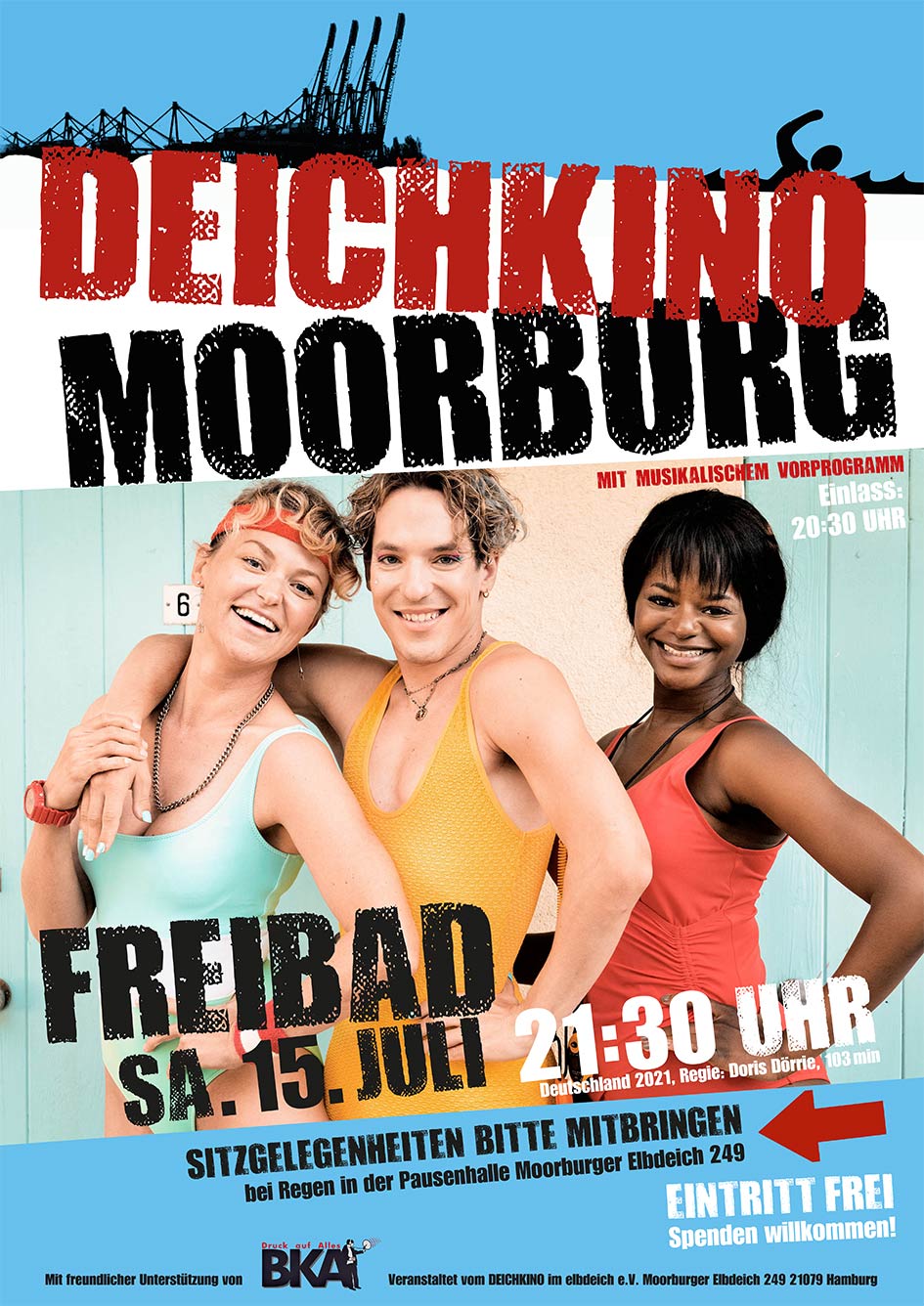 Plakat für das Deichkino am 15.7.23: 3 Frauen in Badeanzügen